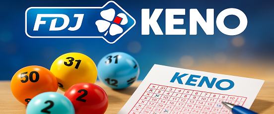 Image réaliste du jeu Keno de la FDJ avec boules numérotées colorées, bulletin rempli et logo FDJ sur fond bleu lumineux