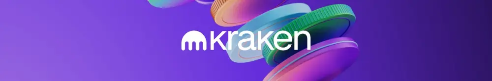 Logo Kraken sur fond violet avec pièces colorées en mouvement représentant la plateforme de cryptomonnaie Kraken