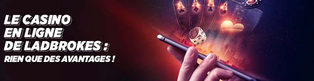 Casino en ligne Ladbrokes Casino, avec cartes, dés et jetons, offrant des avantages exclusifs aux joueurs belges