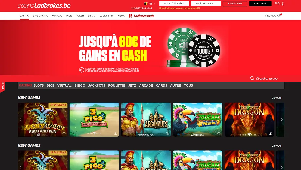 Page d'accueil du casino belge Ladbrokes
