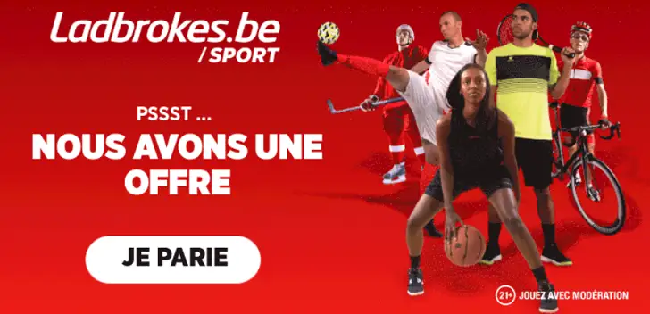 Bannière promotion Ladbrokes Sports avec sportifs, offre spéciale et bouton “Je parie” sur fond rouge