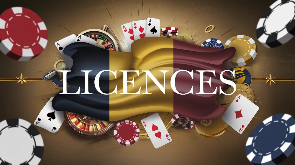 Illustration professionnelle des licences des jeux d’argent en Belgique avec drapeau belge, cartes, jetons et roulette