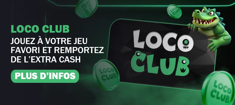 Bannière promotionnelle du Loco Club sur Loco Casino avec mascotte verte et jetons, pour gagner de l’extra cash