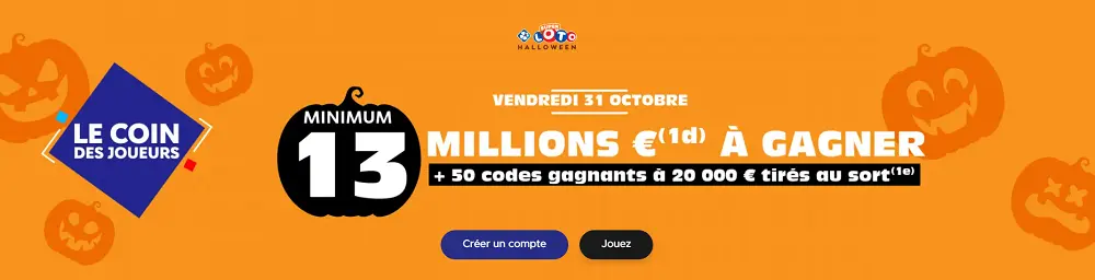 Bannière du Loto d’Halloween présentant un jackpot minimum de 13 millions d’euros et 50 gagnants à 20 000 €