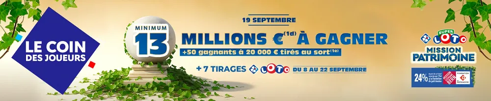 Bannière du Loto Mission Patrimoine 2025 annonçant 13 millions d’euros minimum à gagner et 50 codes gagnants de 20 000 €