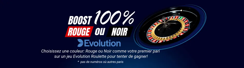 Offre boost 100% sur la roulette Evolution de Magic Betting Casino avec pari rouge ou noir pour doubler vos premiers gains