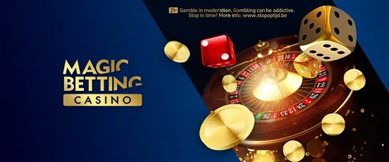 Image promotionnelle Magic Betting Casino avec roulette, dés et pièces dorées, illustrant les jeux et promotions