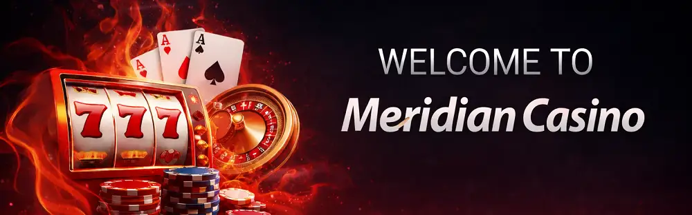 Bannière promotionnelle Meridian Casino avec machine à sous, jetons, cartes et roulette sur fond rouge et noir élégant