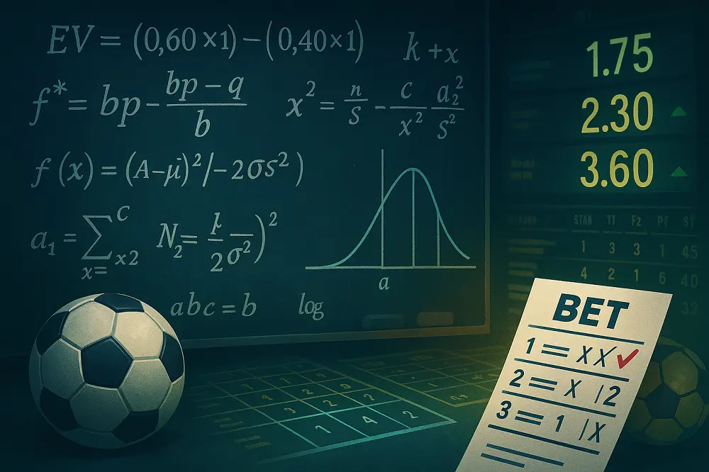 Image illustrant les méthodes mathématiques pour gagner aux paris sportifs, avec formules, cotes affichées et ballon de football
