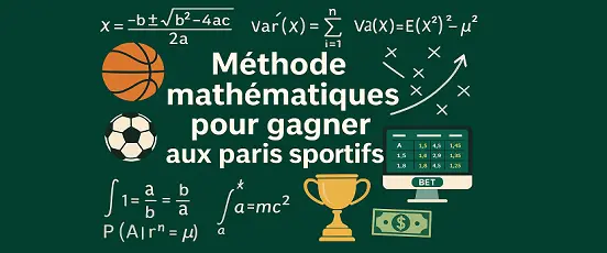 Image illustrant les méthodes mathématiques pour gagner aux paris sportifs, avec formules, ballons et symboles de statistiques