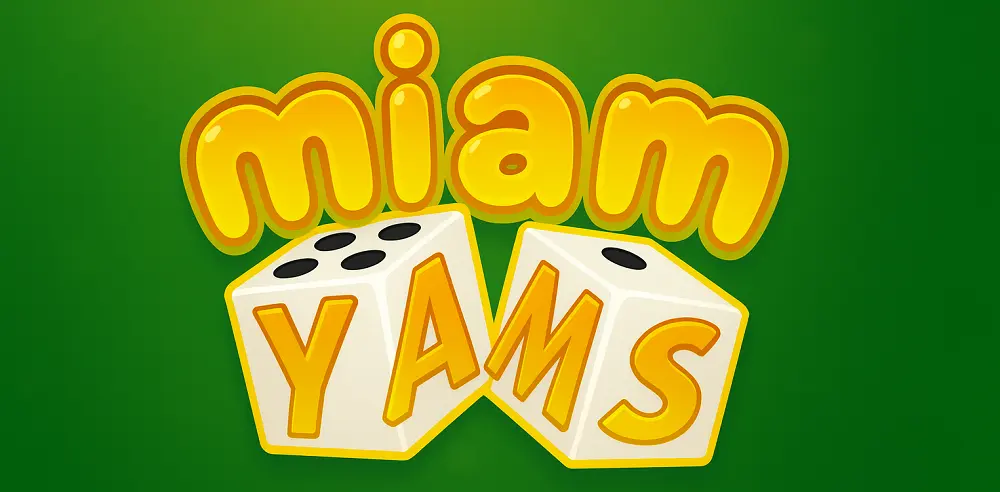 Logo Miam Yams centré sur une bannière verte, avec dés illustrés et style graphique lumineux