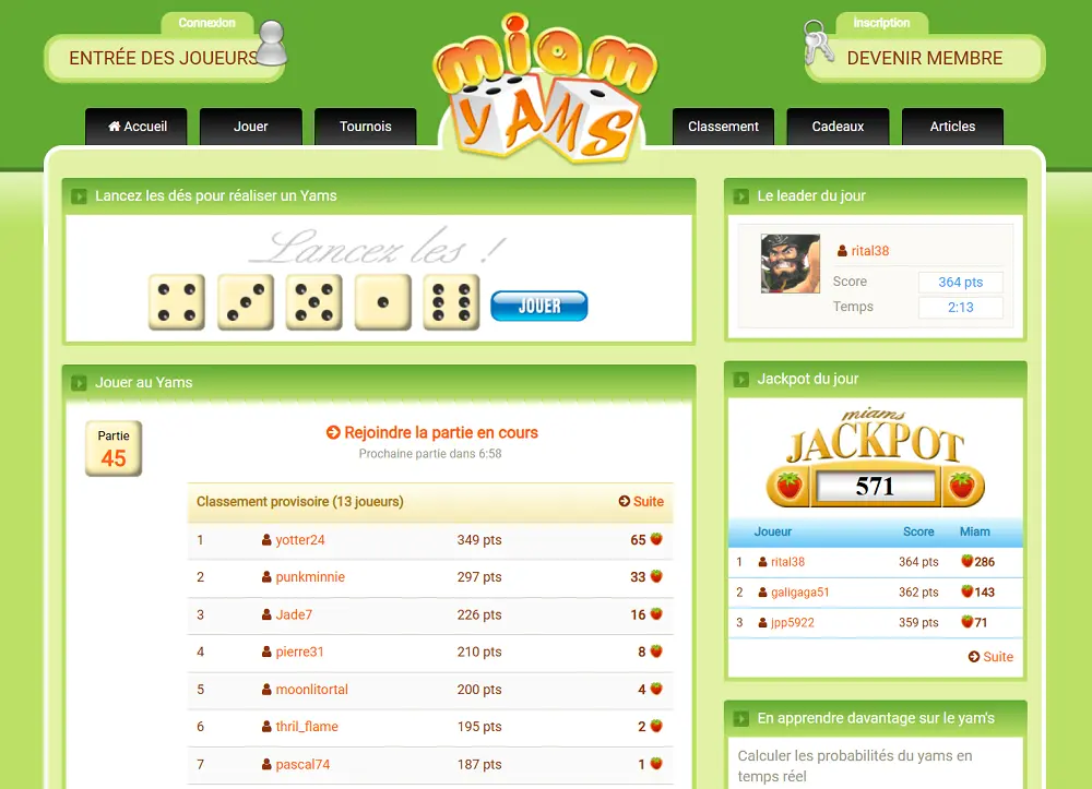 Visuel de la page d'accueil du site de jeux Miam Yams