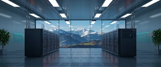 Salle de serveurs moderne en Suisse avec vue sur les Alpes, illustrant le modèle économique des casinos en ligne suisses