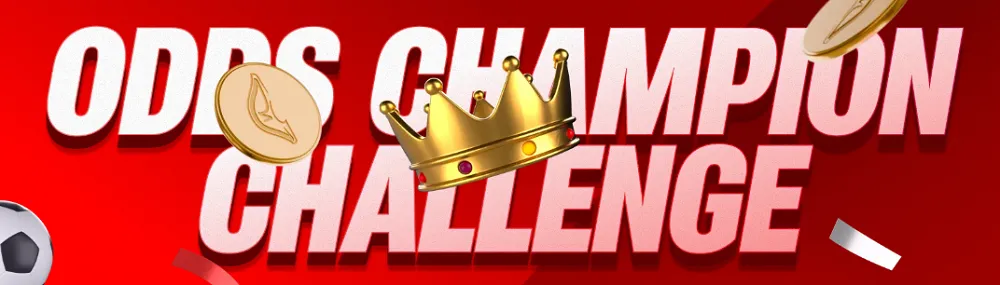 Bannière Napoleon Sport Odds Champion Challenge avec couronne dorée et pièces d’or sur fond rouge dynamique