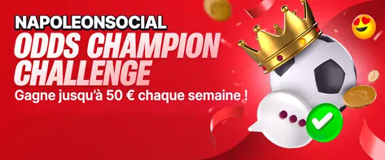 Visuel promotionnel Napoleon Sport Odds Champion Challenge avec ballon couronné, pièces d’or et gain jusqu’à 50 € par semaine