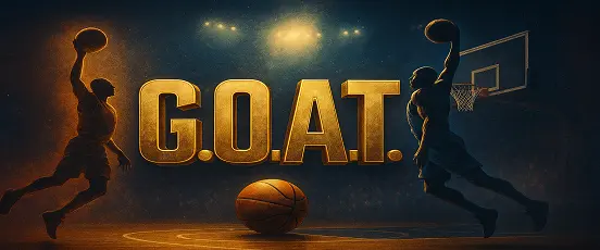 Illustration GOAT NBA avec deux silhouettes de basketteurs symbolisant Jordan et LeBron autour du mot doré G.O.A.T. sur un terrain