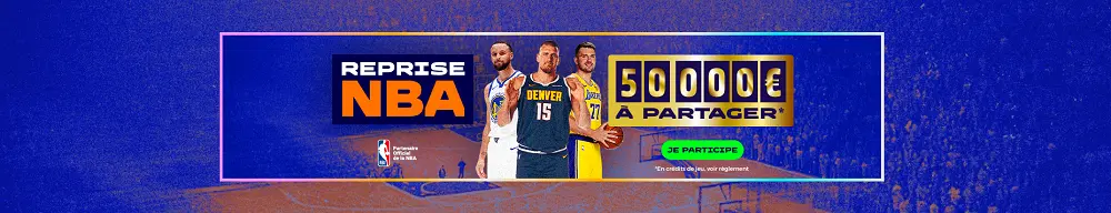Bannière NBA Parions Sport avec 50 000 € à partager, mettant en avant trois stars du basketball pour la reprise de la saison