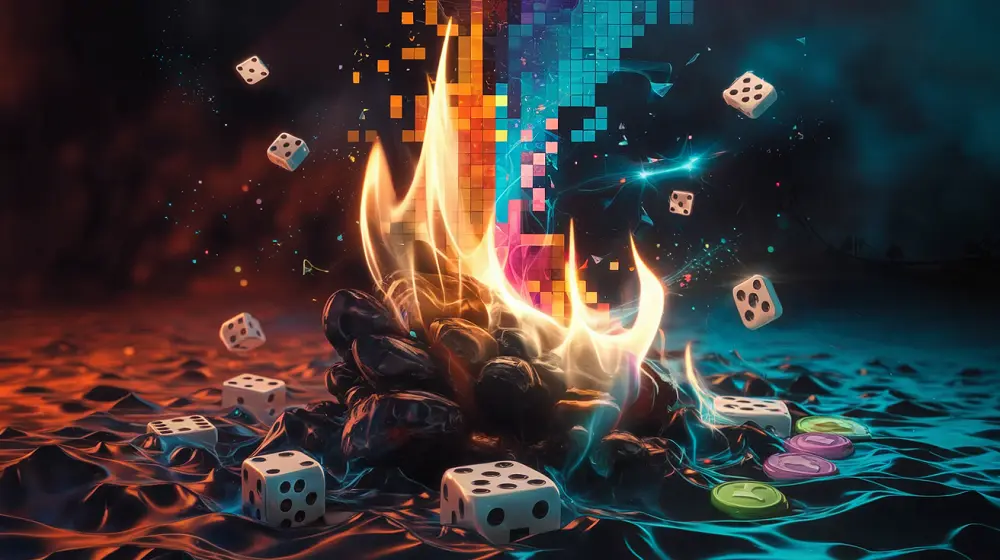 Feu symbolique représentant la nouveauté dans le jeu en ligne, entouré de dés et jetons