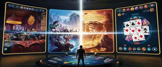 Illustration immersive de la nouveauté dans le jeu en ligne, montrant un joueur face à plusieurs univers virtuels de casino et d’aventure