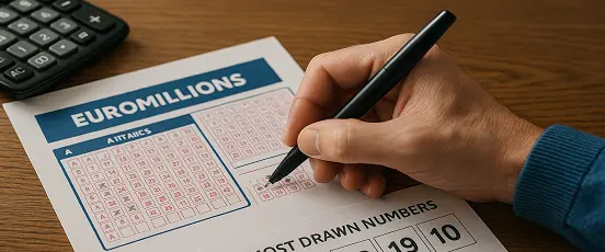 Main cochant une grille EuroMillions sur une table avec statistiques des numéros les plus tirés à la loterie et ambiance chaleureuse
