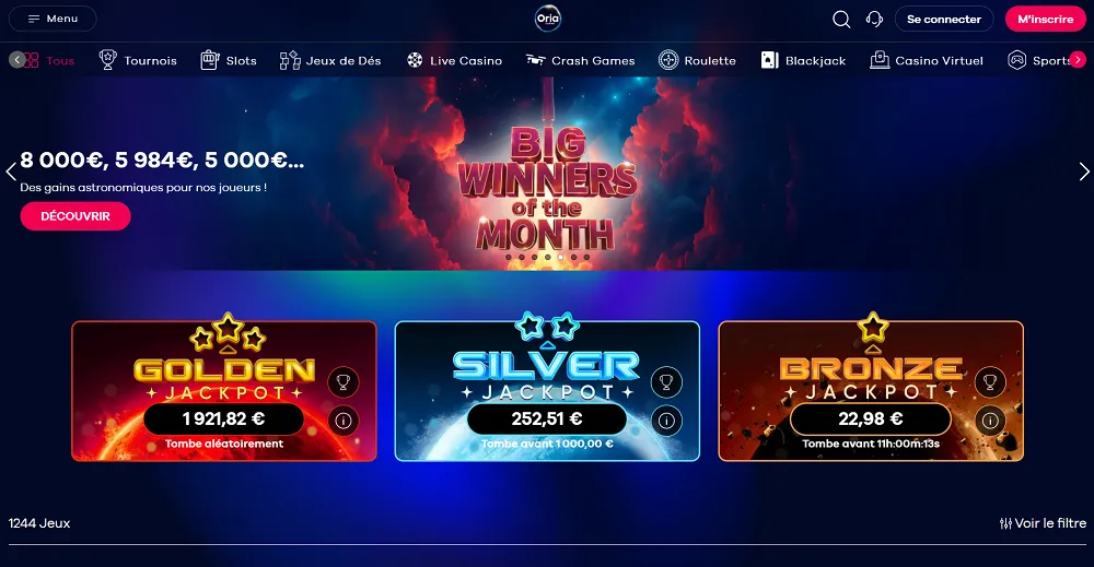 Page d'accueil du casino belge Oria