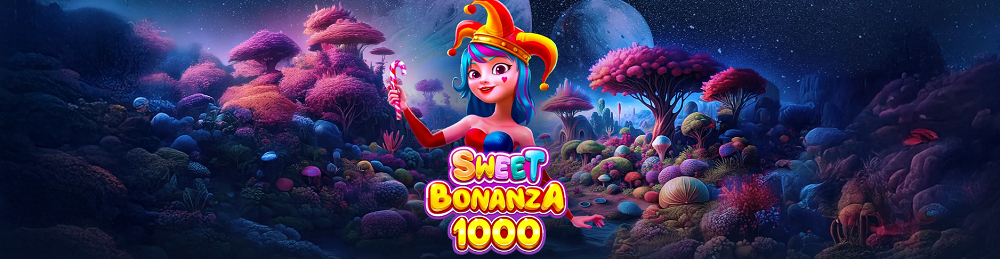 Machine à sous Sweet Bonanza 1000 avec une mascotte colorée et un décor galactique, visuel promotionnel d'Oria casino bonus machine à sous