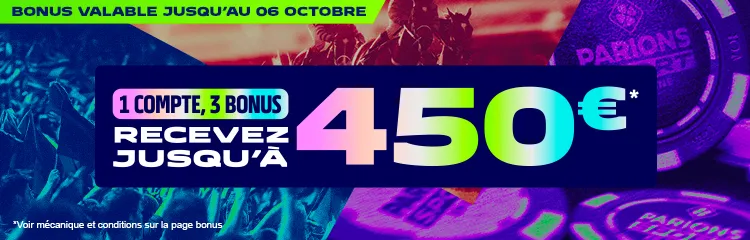 Offre de bienvenue proposée par Parions Sport, avec visuel promotionnel et informations sur les bonus disponibles