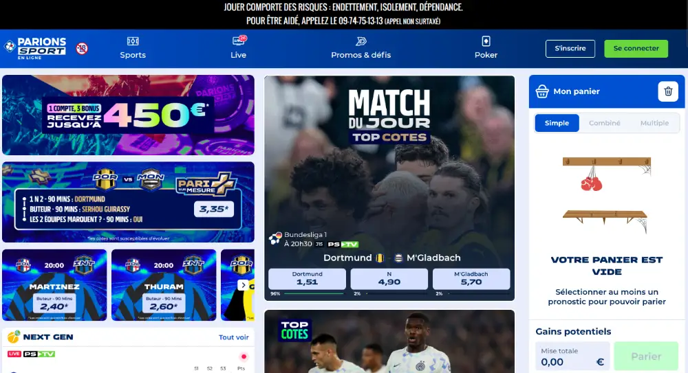 Visuel de la page d'accueil du site de paris sportifs français Parions Sport