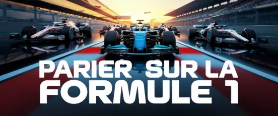 Image de voitures de Formule 1 sur la grille de départ au coucher du soleil avec le texte « Parier sur la Formule 1 »