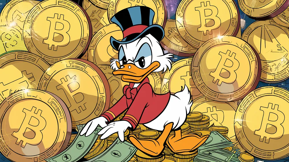 Picsou entouré de pièces de bitcoin et de billets, symbolisant les cryptomonnaies et la richesse numérique