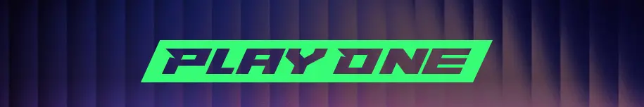PlayOne logo sur fond dégradé violet et bleu avec effet néon futuriste