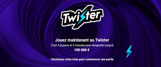 Affiche Twister de PMU.fr avec visuel violet, annonçant 3 joueurs en 5 minutes pour gagner jusqu’à 100 000 €