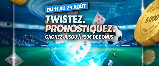 Promotion PMU.fr Twist & Bet du 11 au 24 août, combinez poker Twister et pronostics sportifs pour gagner jusqu’à 150€ de bonus