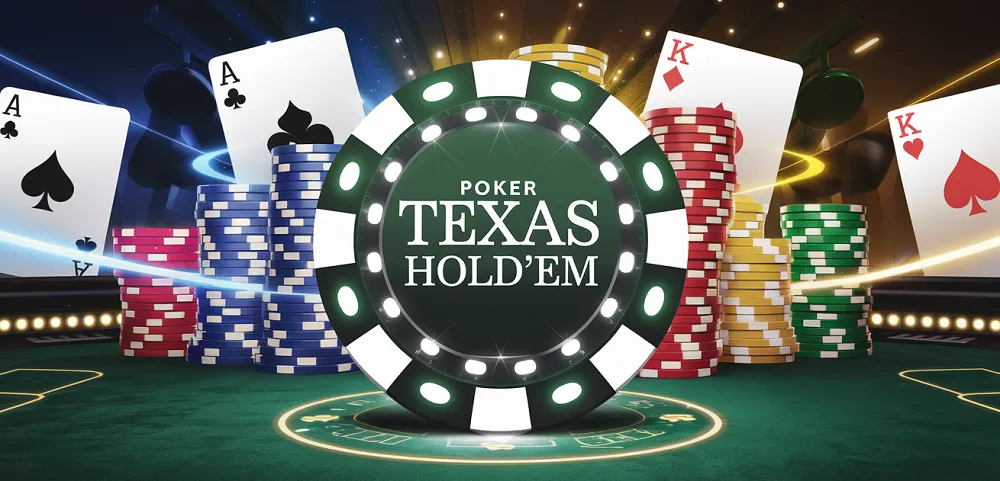 Jeton central Poker Texas Hold'em sur table verte avec cartes et piles de jetons colorés en arrière-plan