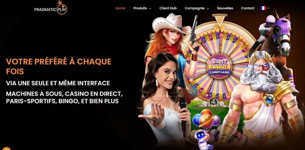 Page d’accueil Pragmatic Play présentant Sweet Bonanza, machines à sous, casino en direct, paris sportifs et bingo