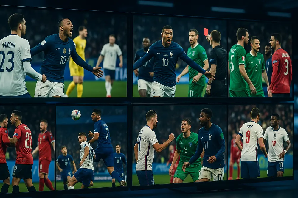 Montage d’images montrant plusieurs actions intenses des Qualifications de la Coupe du Monde 2026 avec différentes sélections