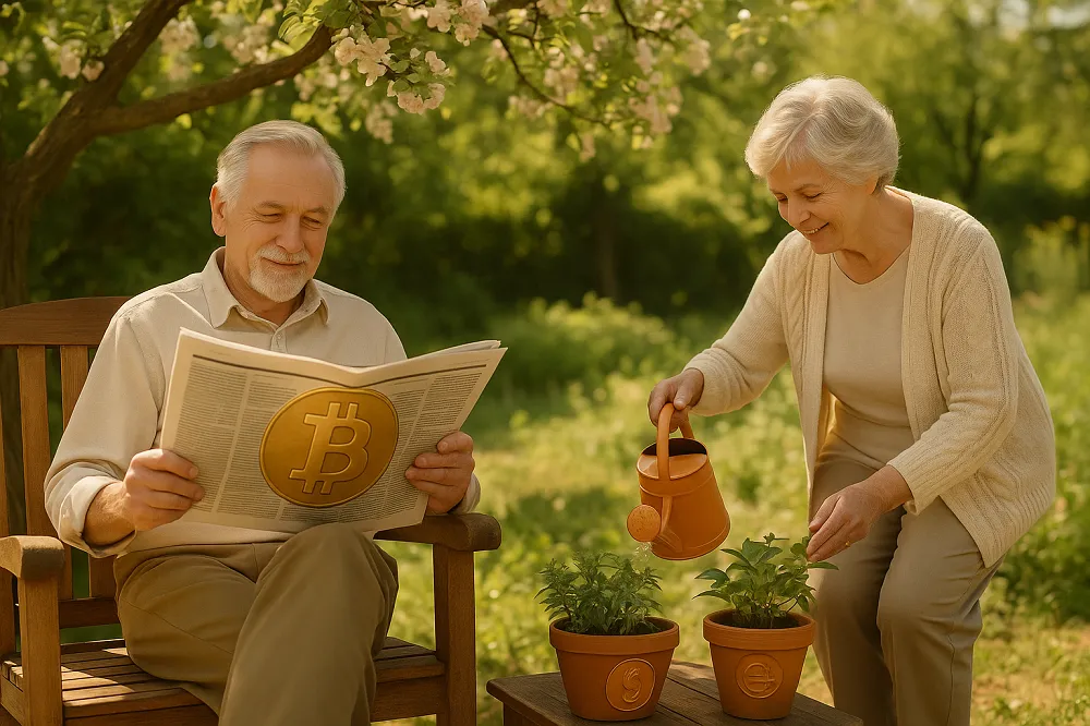 Un retraité lit un journal avec le logo Bitcoin pendant que sa compagne arrose des plantes, illustrant une retraite Bitcoin paisible et moderne