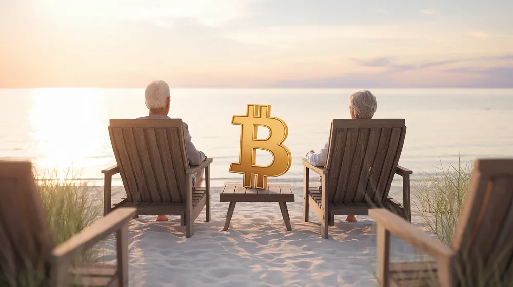 Couple de retraités assis face à la mer au coucher du soleil avec un logo Bitcoin, illustrant le concept de retraite Bitcoin