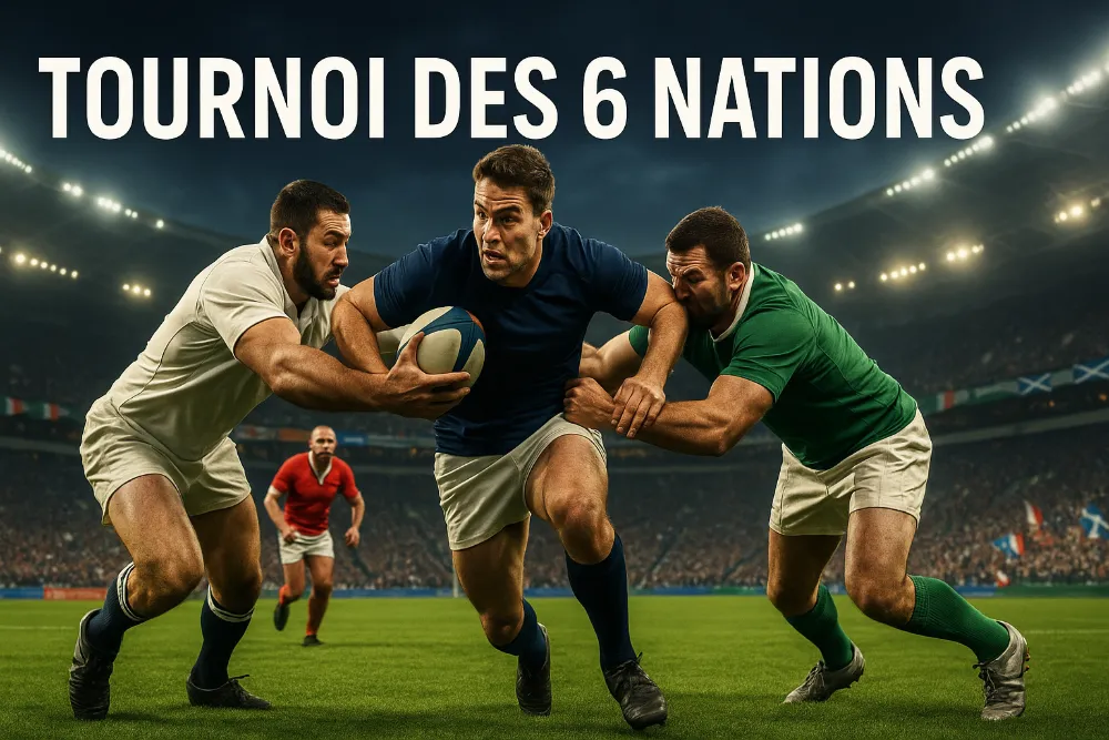 Tournoi des 6 Nations avec joueurs de rugby en pleine action sur le terrain, ambiance de stade remplie de supporters
