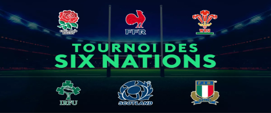 Tournoi des 6 Nations avec les logos des six sélections nationales de rugby, une affiche officielle mise en avant dans un stade