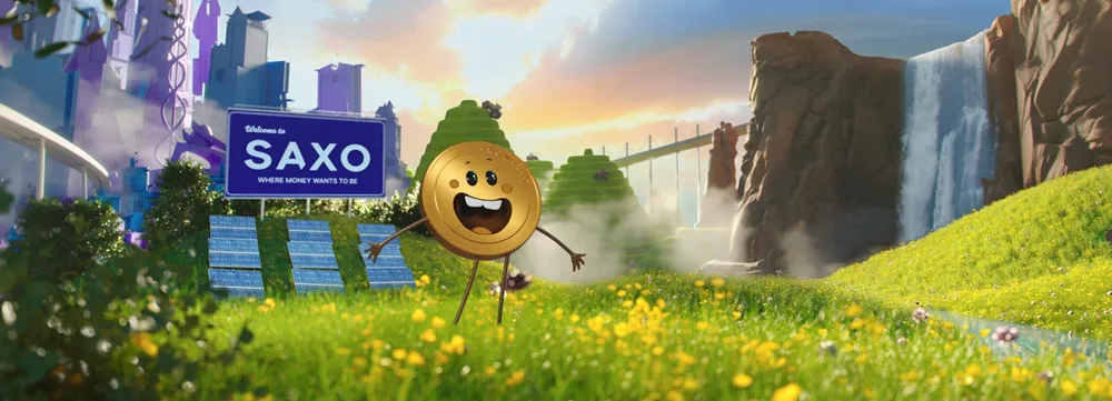 Illustration Saxo avec personnage animé représentant un investissement positif et durable sur la plateforme Saxo Banque