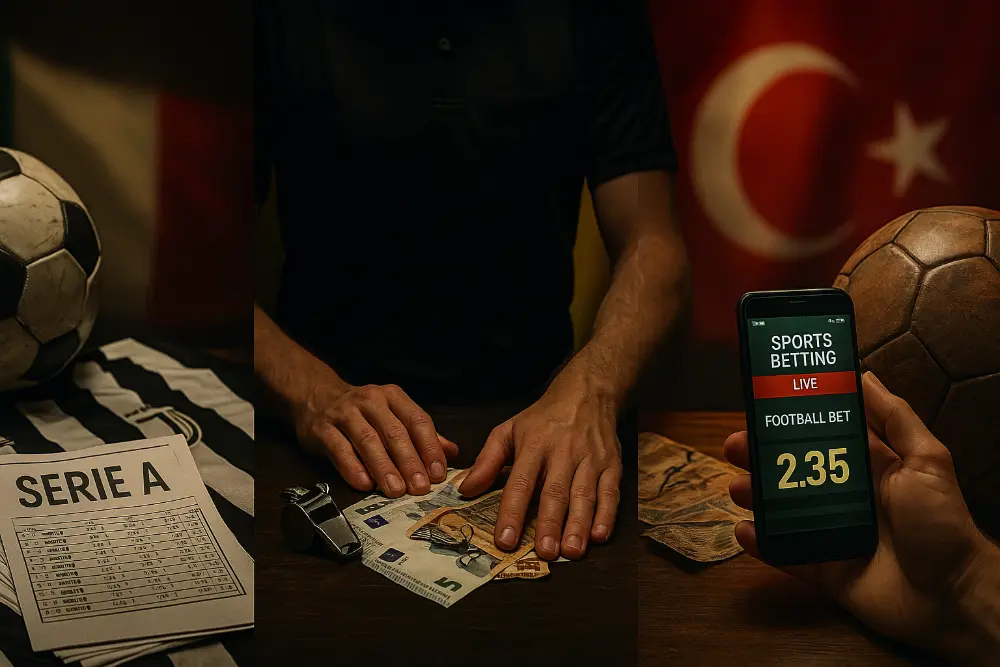 Image réaliste illustrant les scandales de paris sportifs en Italie, Belgique et Turquie