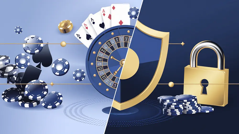 Roulette, cartes et jetons symbolisant le jeu en ligne, associés à un cadenas doré et un bouclier