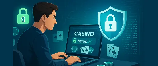 Joueur en ligne sur ordinateur protégé par un bouclier et un cadenas SSL, illustrant la sécurité d’un site casino en ligne fiable