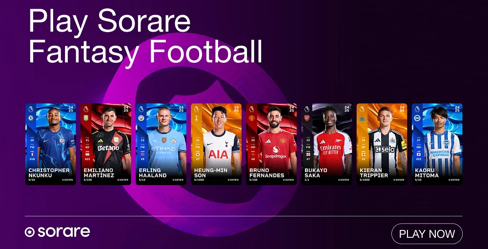 Cartes NFT de joueurs célèbres sur Sorare Fantasy Football, incluant Haaland, Son, Fernandes et Saka
