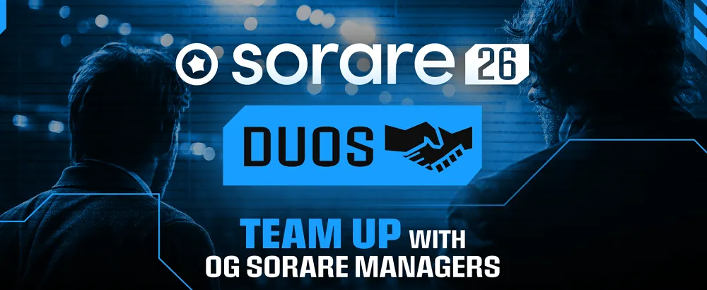 Visuel promotionnel Sorare pour le Défi co-op, invitant les Managers à former un duo et gagner ensemble des récompenses