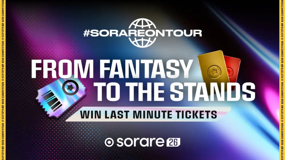 Visuel SorareOnTour montrant des cartes Sorare et des billets à gagner pour passer du jeu fantasy aux tribunes du stade