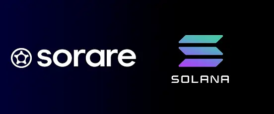 Image montrant les logos Sorare et Solana côte à côte sur un fond sombre dégradé