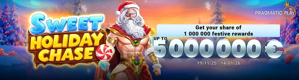 Visuel Sweet Holiday Chase avec Père Noël musclé, logo lumineux et annonce de 5.000.000 € de récompenses festives sur fond hivernal