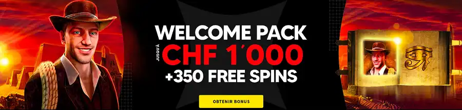Bannière Swiss4Win présentant le Welcome Pack CHF 1'000 avec 350 free spins et un aventurier en décor désert